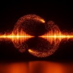 Representación visual de IA conversacional full-duplex con ondas sonoras naranjas y negras, simbolizando la comunicación en tiempo real y baja latencia.