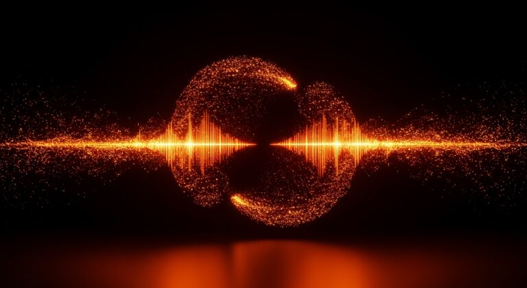 Representación visual de IA conversacional full-duplex con ondas sonoras naranjas y negras, simbolizando la comunicación en tiempo real y baja latencia.