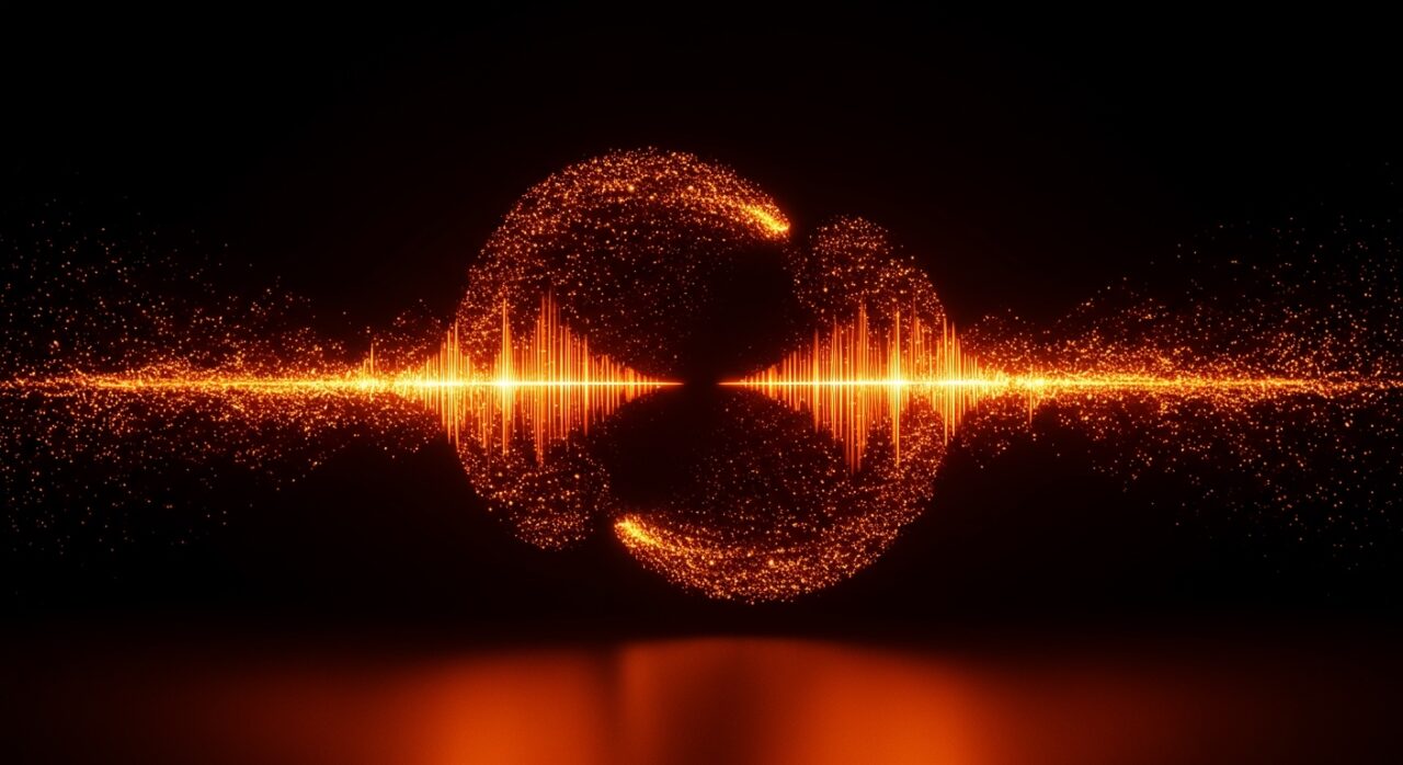 Representación visual de IA conversacional full-duplex con ondas sonoras naranjas y negras, simbolizando la comunicación en tiempo real y baja latencia.