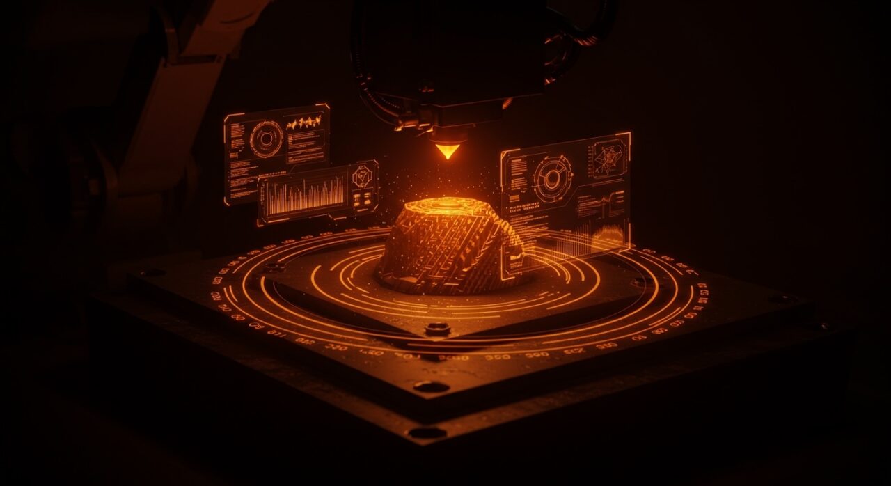 Sistema autónomo de IA corrigiendo errores en impresión 3D industrial en tiempo real para startups de manufactura avanzada.