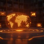 Representación conceptual de IA aplicada a la logística y supply chain con estética de alta tecnología en naranja y negro.