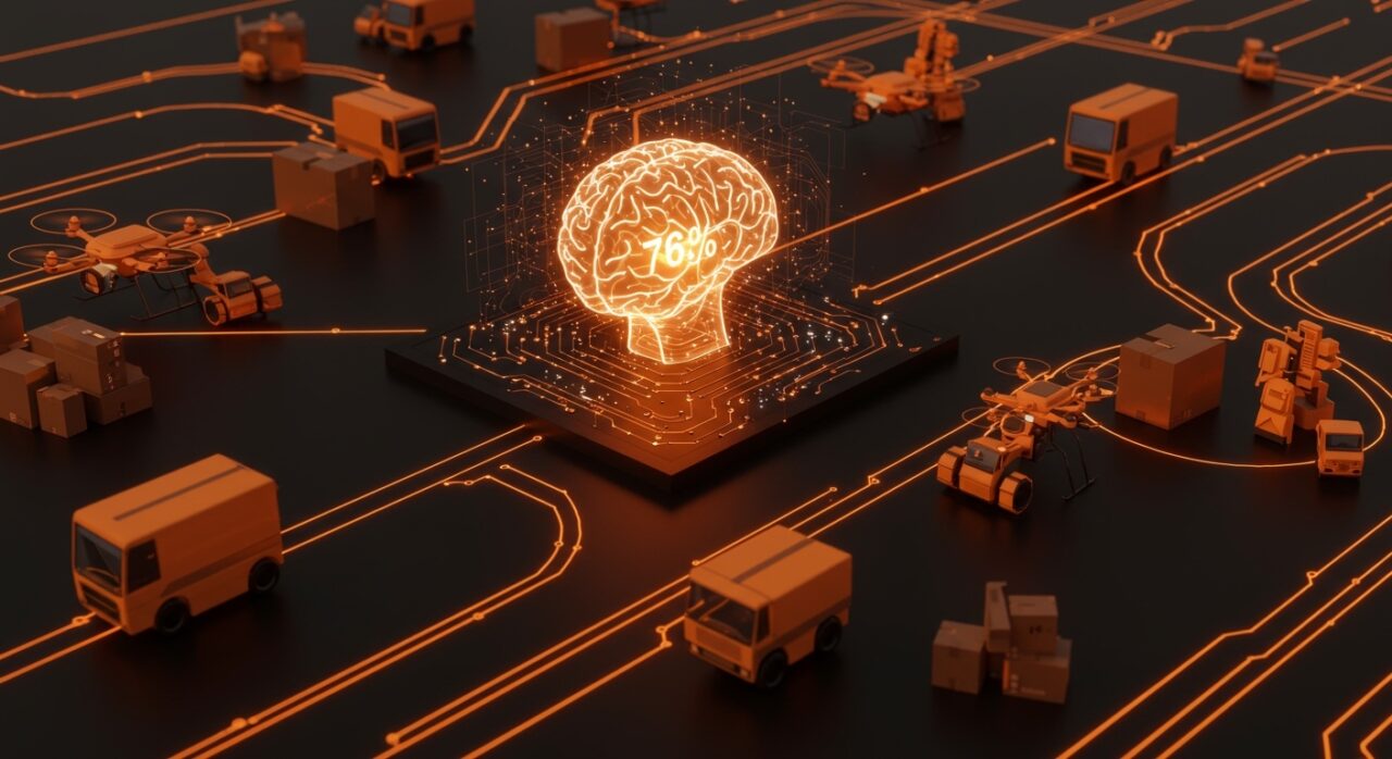 Representación conceptual de IA Logística y automatización de la cadena de suministro en un entorno futurista naranja y negro.