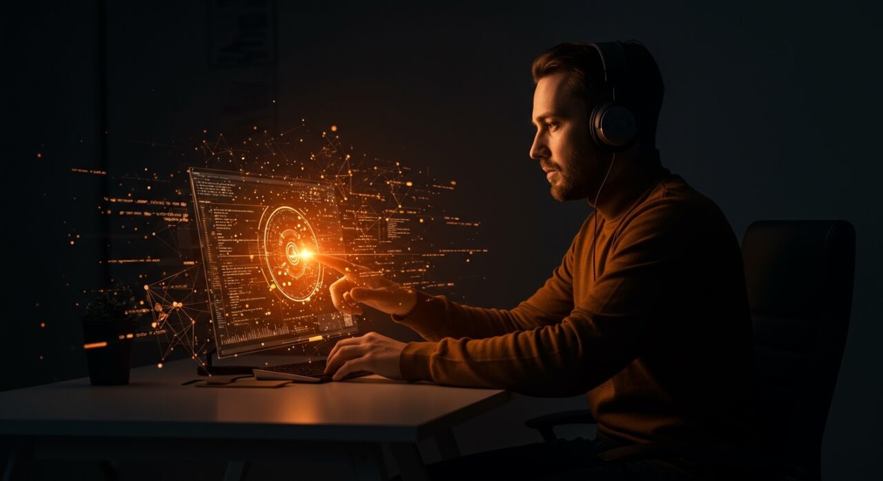 Desarrollador web trabajando con inteligencia artificial, simbolizando la productividad y el criterio técnico en equipos de software.