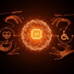 Concepto visual de inteligencia artificial para el impacto social y la democratización tecnológica en salud y educación.