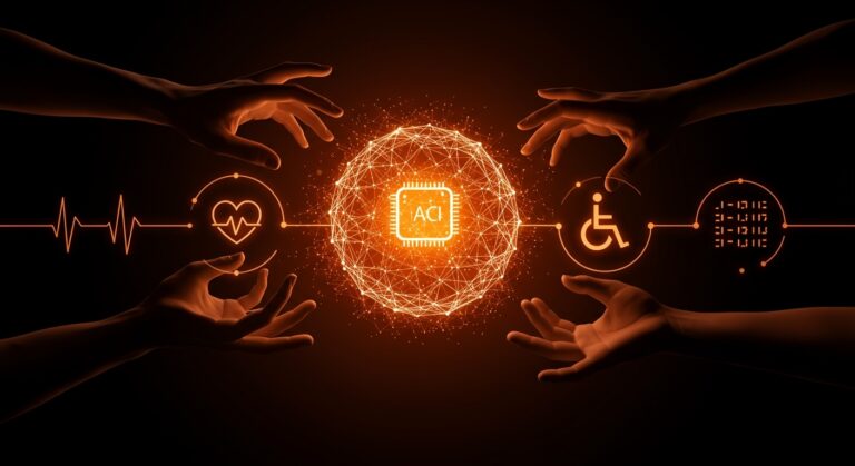 Concepto visual de inteligencia artificial para el impacto social y la democratización tecnológica en salud y educación.