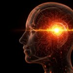 Representación conceptual de salud mental e inteligencia artificial, enfocada en AI Safety y neurorights en un entorno digital naranja y negro.