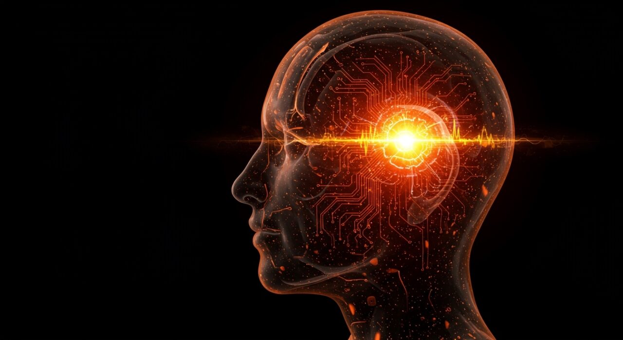Representación conceptual de salud mental e inteligencia artificial, enfocada en AI Safety y neurorights en un entorno digital naranja y negro.