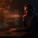 Developer frente a una pantalla con código desvaneciéndose por exceso de IA, representando la erosión de habilidades técnicas y el síndrome del impostor en startups.