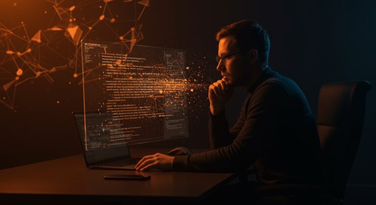 Developer frente a una pantalla con código desvaneciéndose por exceso de IA, representando la erosión de habilidades técnicas y el síndrome del impostor en startups.