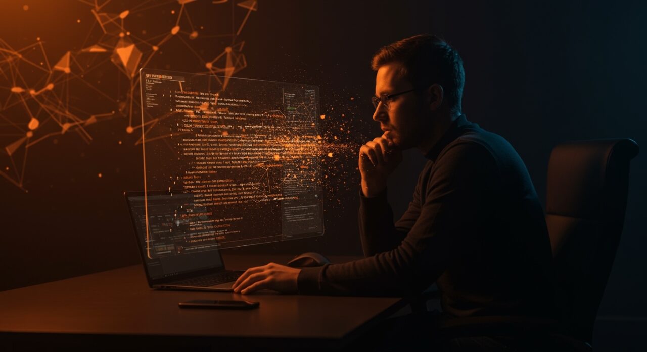 Developer frente a una pantalla con código desvaneciéndose por exceso de IA, representando la erosión de habilidades técnicas y el síndrome del impostor en startups.