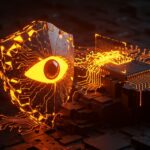 Representación conceptual de ciberseguridad con IA detectando vulnerabilidades digitales en una startup para el año 2026.