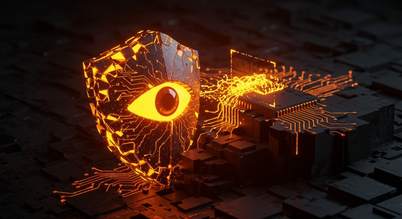 Representación conceptual de ciberseguridad con IA detectando vulnerabilidades digitales en una startup para el año 2026.