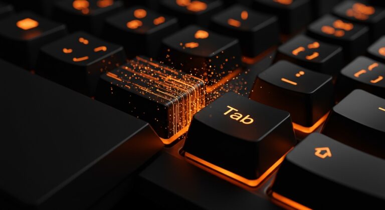 Comparativa visual de cultura organizacional entre IBM y Microsoft mediante un teclado digital abstracto en tonos naranja y negro.