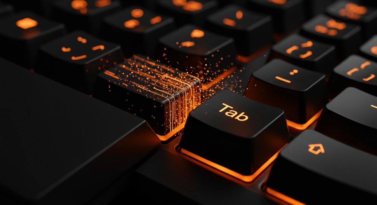 Comparativa visual de cultura organizacional entre IBM y Microsoft mediante un teclado digital abstracto en tonos naranja y negro.