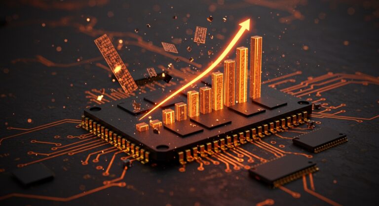 Componentes de memoria RAM móvil LPDDR5X con efectos de luz naranja, representando el incremento de costes de hardware para startups.