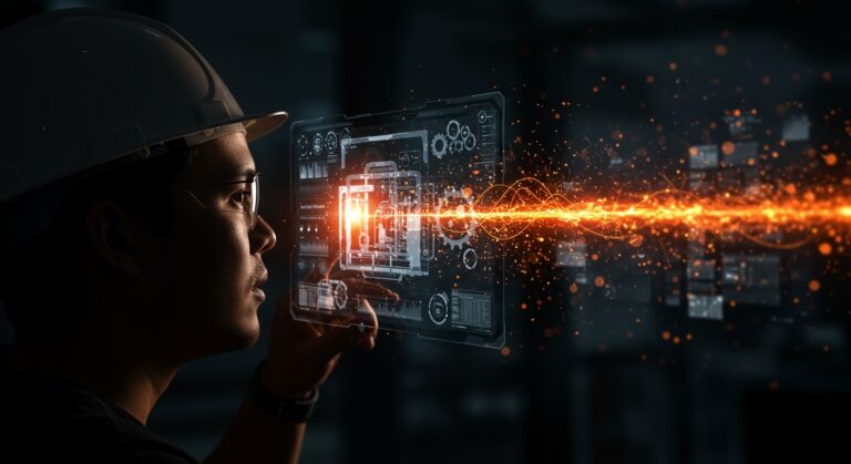 Ilustración conceptual de Industria 4.0 y transformación digital en startups tecnológicas de manufactura inteligente.