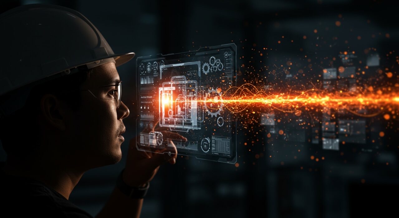 Ilustración conceptual de Industria 4.0 y transformación digital en startups tecnológicas de manufactura inteligente.