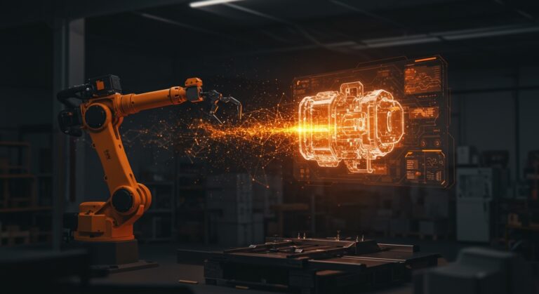 Tecnologías de Industria 4.0 como gemelos digitales e IA industrial integradas en un entorno de manufactura inteligente para startups.