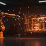 Representación de la Industria 5.0 con cobots y gemelos digitales, enfocada en costos de implementación y financiamiento para founders de DeepTech.