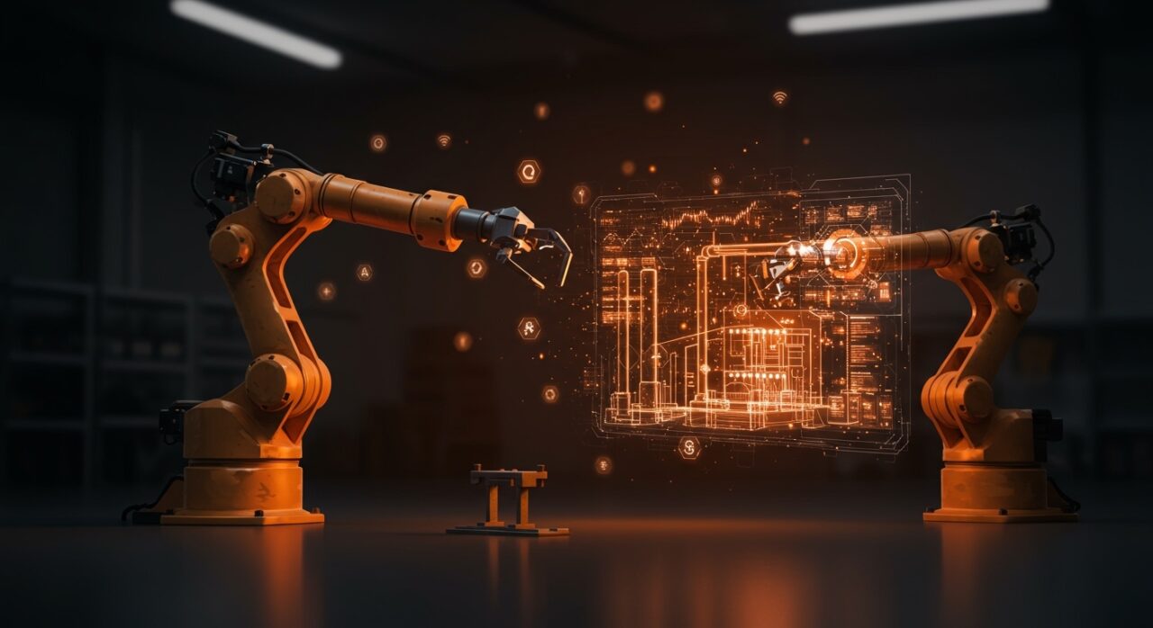 Representación de la Industria 5.0 con cobots y gemelos digitales, enfocada en costos de implementación y financiamiento para founders de DeepTech.