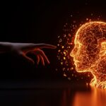 Representación conceptual de infidelidad digital e IA conversacional impactando las relaciones humanas en tonos naranja y negro.