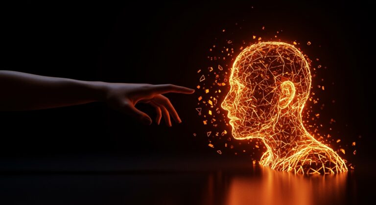 Representación conceptual de infidelidad digital e IA conversacional impactando las relaciones humanas en tonos naranja y negro.