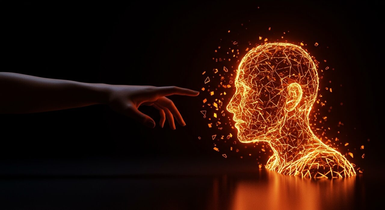 Representación conceptual de infidelidad digital e IA conversacional impactando las relaciones humanas en tonos naranja y negro.