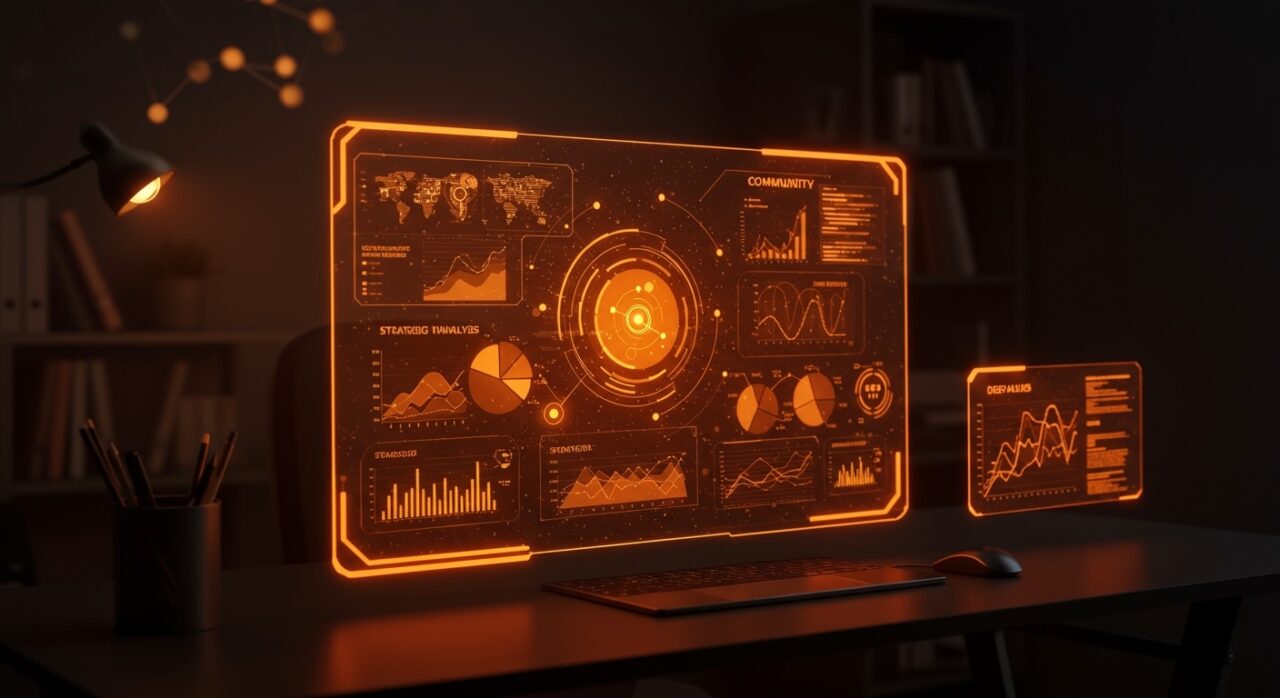 Concepto de investigación y análisis de datos para founders de startups con paleta de colores naranja y negro.