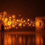 Persona abandonando una red social digital representada por fragmentos de datos naranjas sobre fondo negro, simbolizando la migración a plataformas privadas.