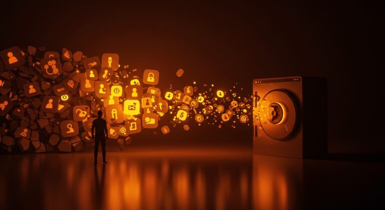 Persona abandonando una red social digital representada por fragmentos de datos naranjas sobre fondo negro, simbolizando la migración a plataformas privadas.