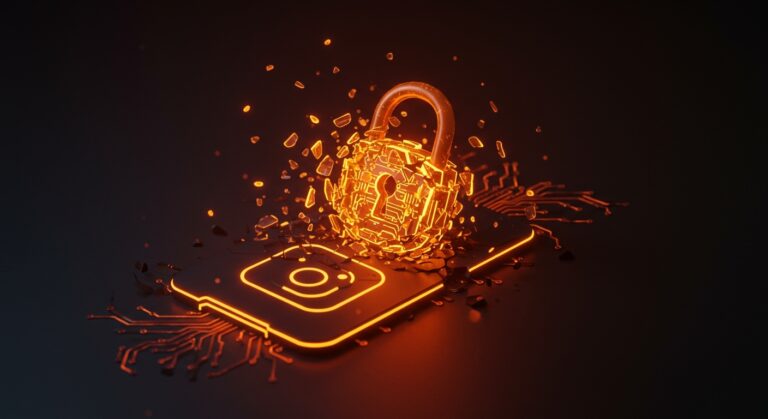 Representación conceptual de la pérdida de cifrado en Instagram DMs y riesgos de privacidad de datos para startups.