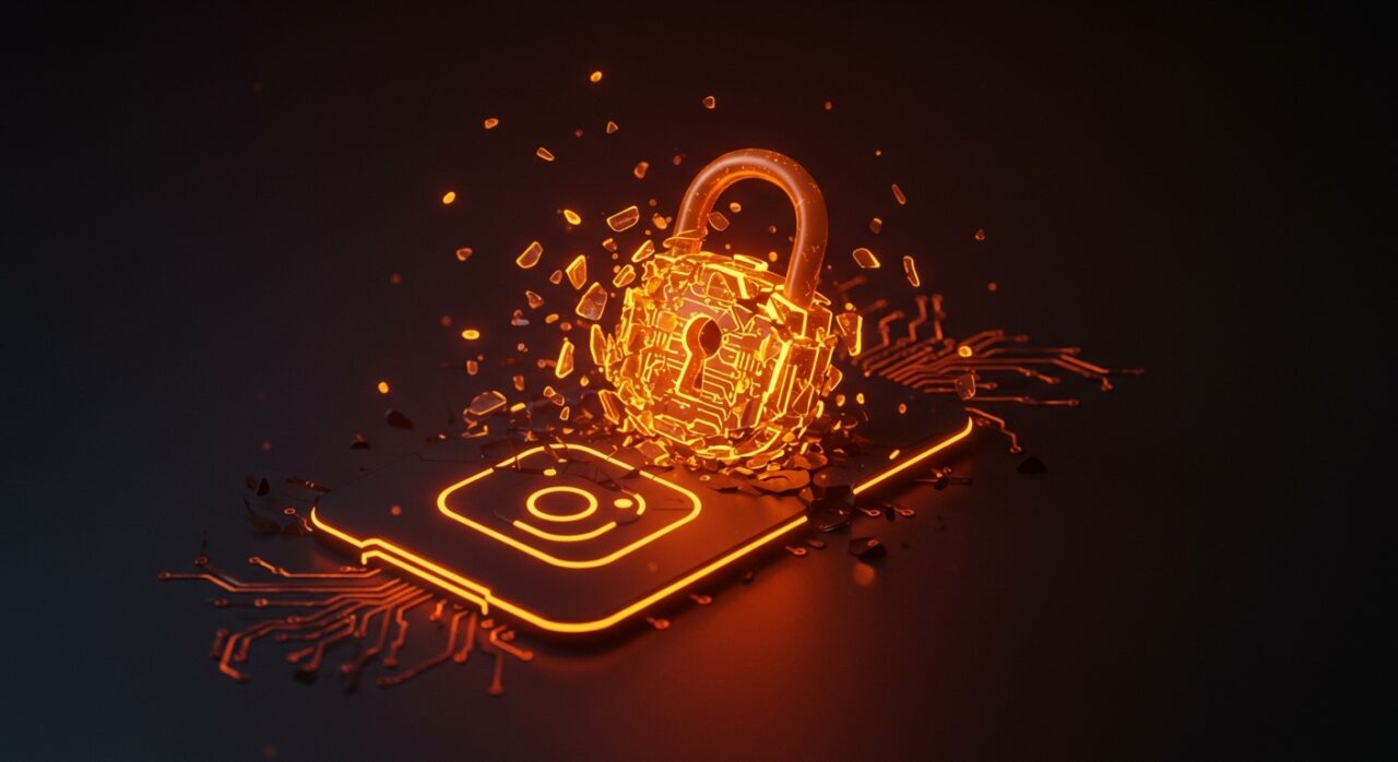 Representación conceptual de la pérdida de cifrado en Instagram DMs y riesgos de privacidad de datos para startups.