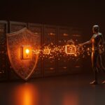 Representación de ciberseguridad automatizada con IA y pentesting para startups en colores naranja y negro.