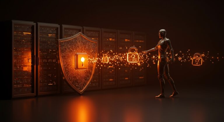 Representación de ciberseguridad automatizada con IA y pentesting para startups en colores naranja y negro.