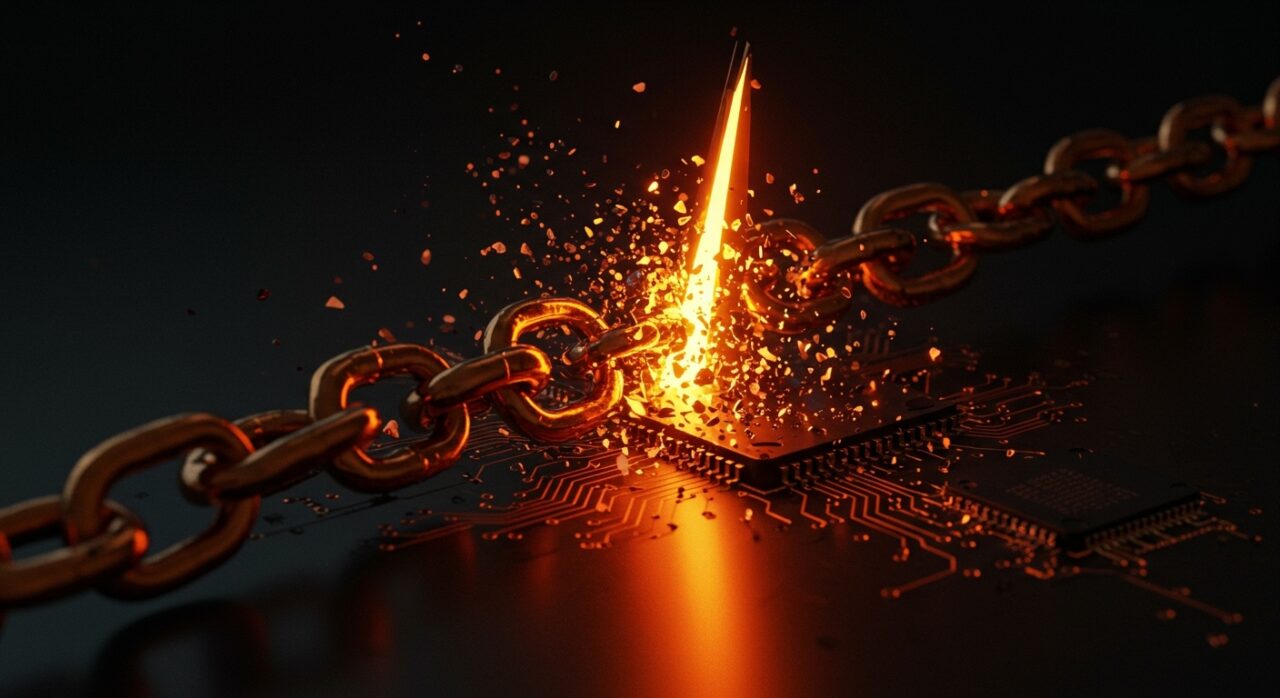 Representación conceptual de un ataque de supply chain en software con tonos naranja y negro, simbolizando la ciberseguridad en startups.