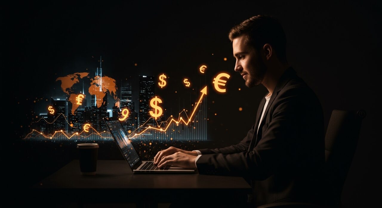 Profesional latino trabajando en remoto con elementos digitales que simbolizan ingresos en dólares y crecimiento profesional global.