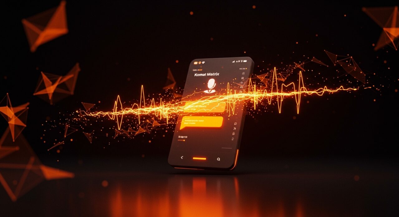 Interfaz de chat descentralizado Komai Matrix con elementos de inteligencia artificial y velocidad, representando la soberanía de datos.