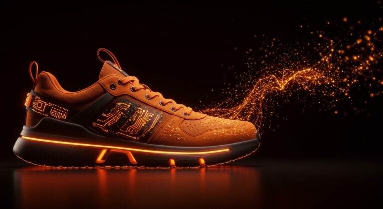 Calzado inteligente con tecnología wearable e IoT en colores naranja y negro, representando la oportunidad de mercado de LaceLocker.
