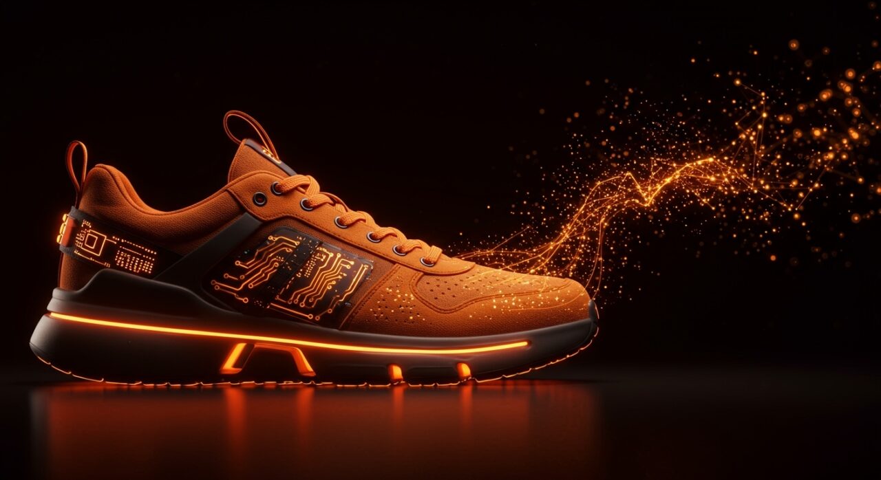 Calzado inteligente con tecnología wearable e IoT en colores naranja y negro, representando la oportunidad de mercado de LaceLocker.
