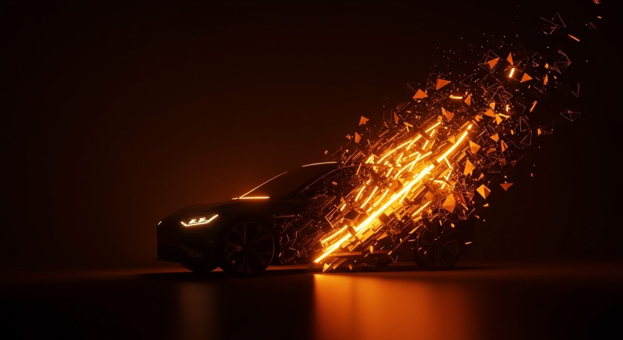 Coche eléctrico futurista en entorno tecnológico, representando la escalabilidad y el éxito de Leapmotor en la industria de hardware startup.