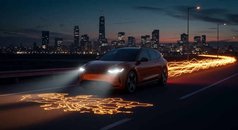 Coche eléctrico Leapmotor en un entorno futurista europeo, representando el liderazgo en vehículos eléctricos NEV y movilidad sostenible.