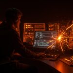 Representación conceptual de ciberseguridad industrial y deuda técnica en infraestructuras críticas, enfocada en vulnerabilidades de sistemas antiguos.