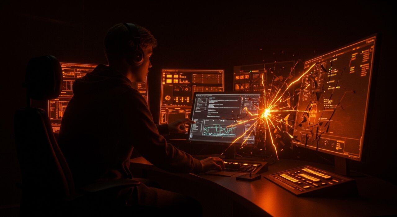 Representación conceptual de ciberseguridad industrial y deuda técnica en infraestructuras críticas, enfocada en vulnerabilidades de sistemas antiguos.