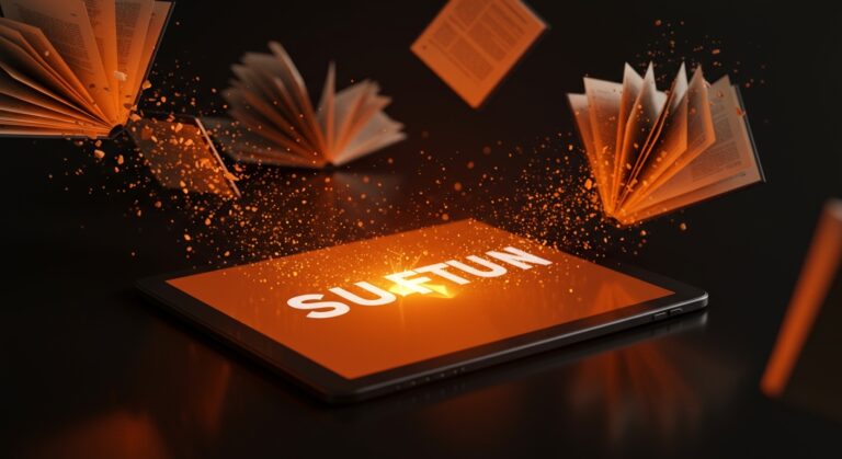 Representación visual del cierre de una startup consumer app con elementos de libros digitales y datos en tonos naranja y negro.