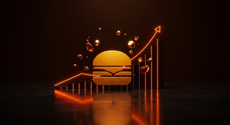 Concepto de premiumización en comida rápida con elementos dorados y naranjas sobre fondo negro, analizando la estrategia de precios de McDonald's para startups foodtech.