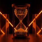 Representación conceptual de la Ley de IA de la Unión Europea con un reloj de arena digital y estructuras de cumplimiento legal para startups tecnológicas.