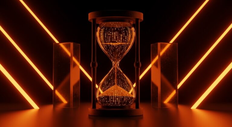 Representación conceptual de la Ley de IA de la Unión Europea con un reloj de arena digital y estructuras de cumplimiento legal para startups tecnológicas.