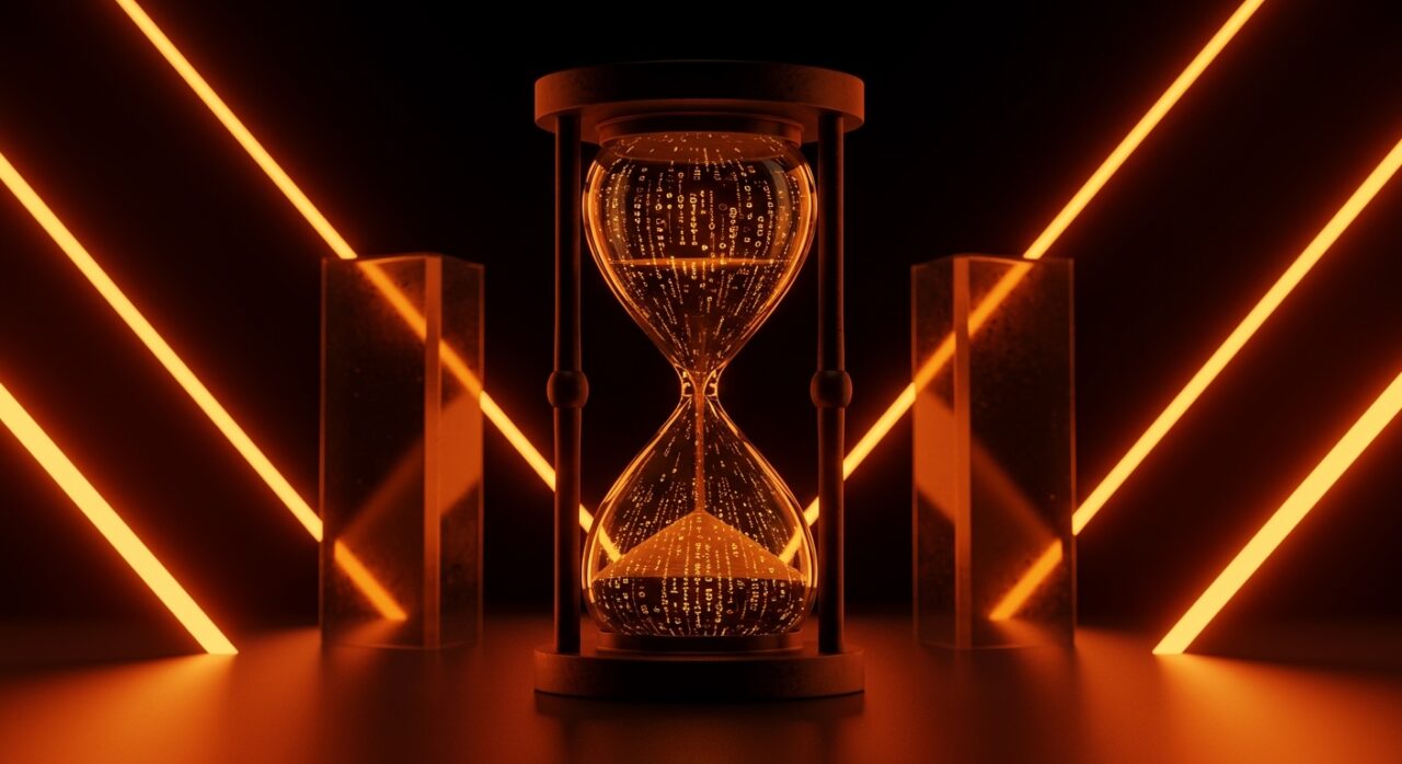 Representación conceptual de la Ley de IA de la Unión Europea con un reloj de arena digital y estructuras de cumplimiento legal para startups tecnológicas.