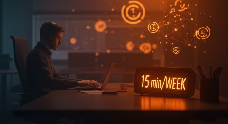 Empleado trabajando solo 15 minutos por semana en oficina minimalista, simbolizando la productividad laboral y la cultura empresarial en startups.