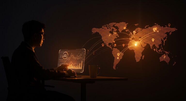 Ejecutivo delegando estrategia de LinkedIn ghostwriting a asistentes virtuales, simbolizando la gestión remota de marca personal.